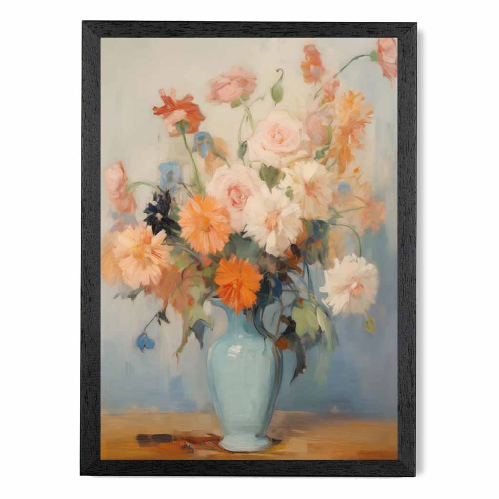 Vintage Pastel Blue, Pink Flowers in Vase  Art Print | Wall Art Plaza UK