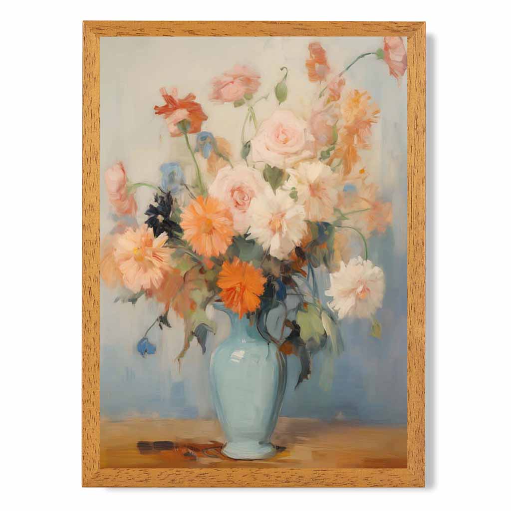 Vintage Pastel Blue, Pink Flowers in Vase  Art Print | Wall Art Plaza UK