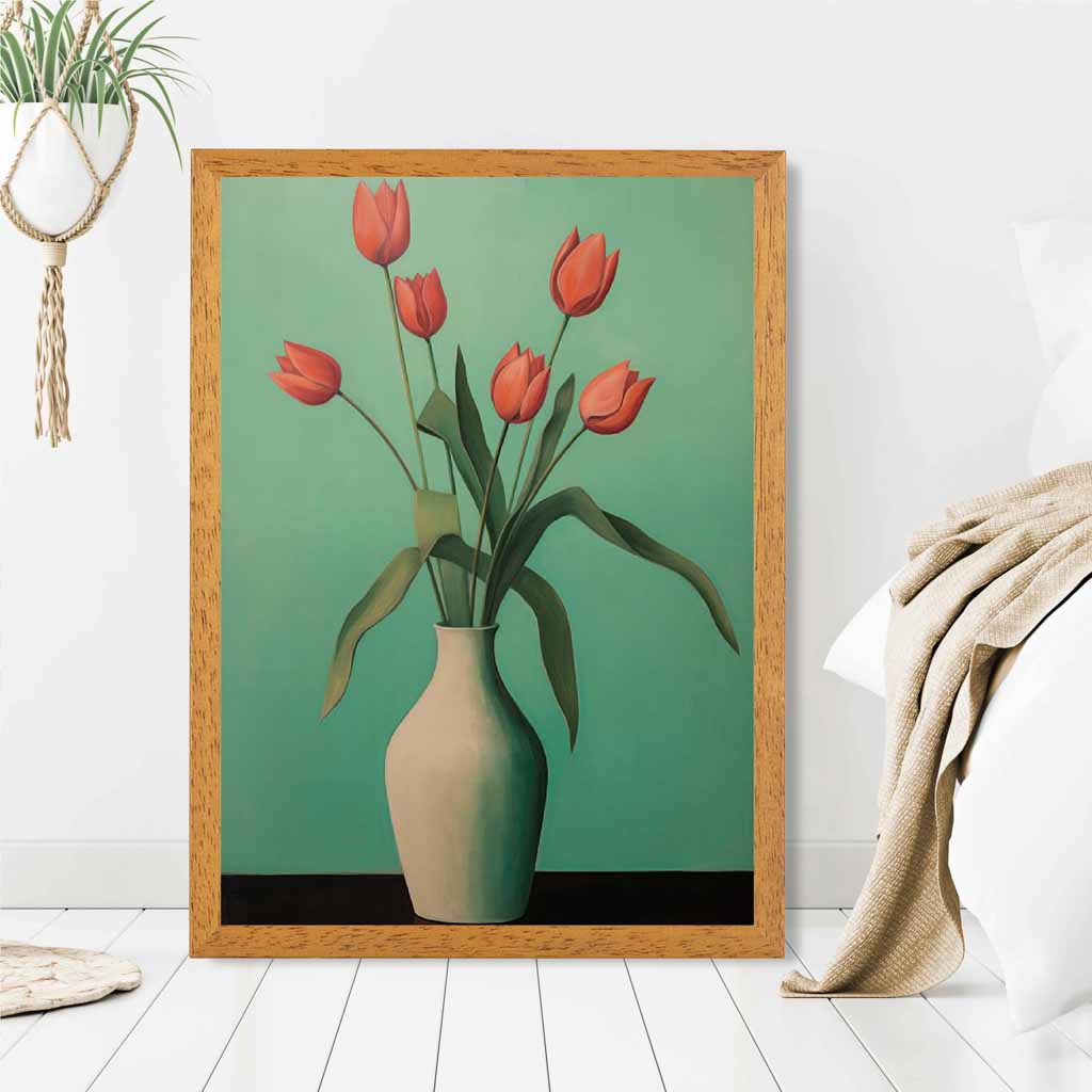 Modern Floral Green, Red Tulips in Vase  Art Print | Wall Art Plaza UK