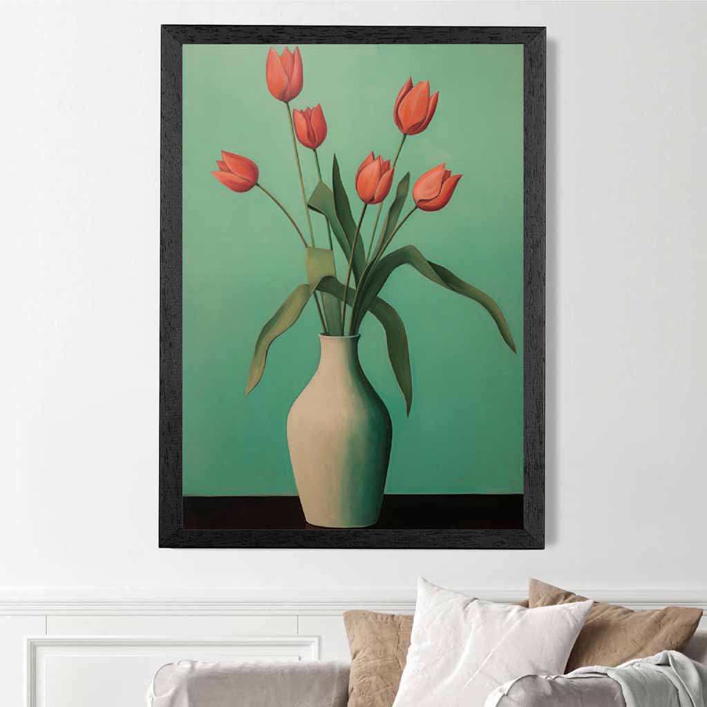 Modern Floral Green, Red Tulips in Vase  Art Print | Wall Art Plaza UK