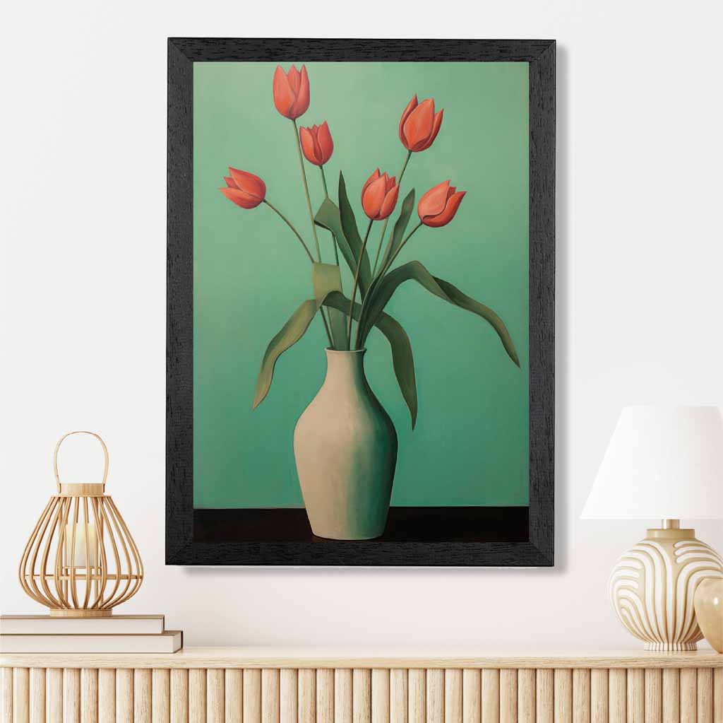 Modern Floral Green, Red Tulips in Vase  Art Print | Wall Art Plaza UK