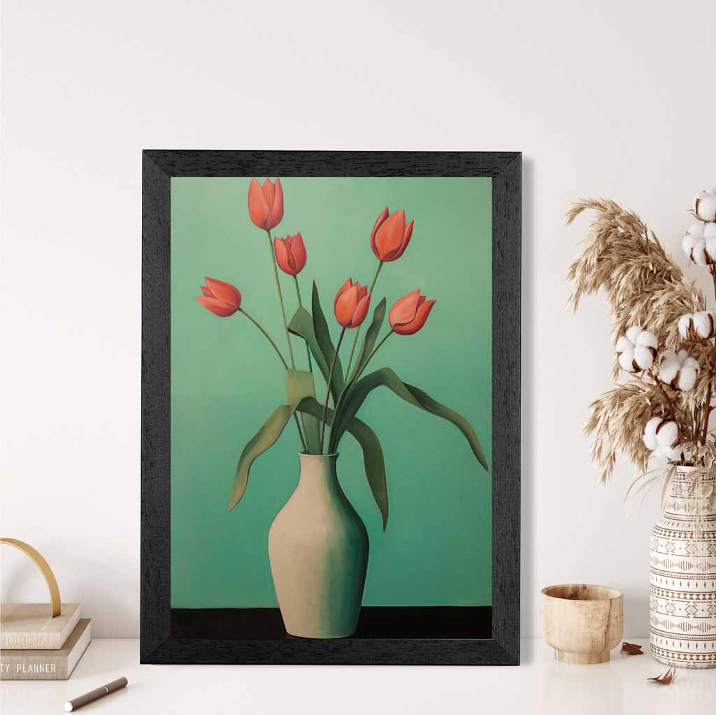 Modern Floral Green, Red Tulips in Vase  Art Print | Wall Art Plaza UK