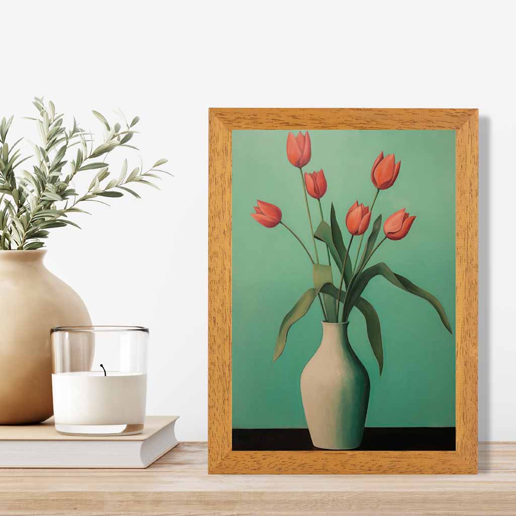 Modern Floral Green, Red Tulips in Vase  Art Print | Wall Art Plaza UK