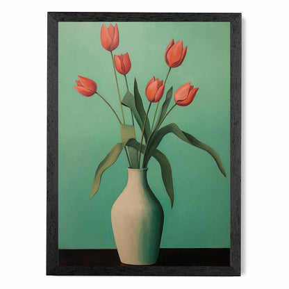 Modern Floral Green, Red Tulips in Vase  Art Print | Wall Art Plaza UK