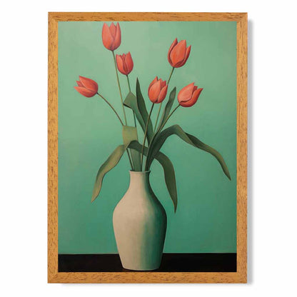 Modern Floral Green, Red Tulips in Vase  Art Print | Wall Art Plaza UK