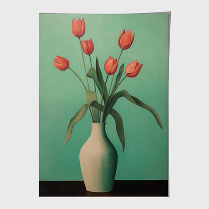 Modern Floral Green, Red Tulips in Vase  Art Print | Wall Art Plaza UK