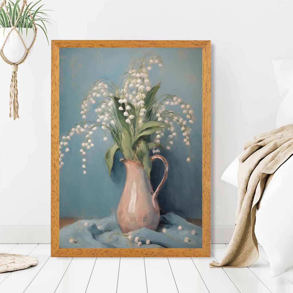 Vintage Floral Blue, Pink Lilly of the Valley  Art Print | Wall Art Plaza UK