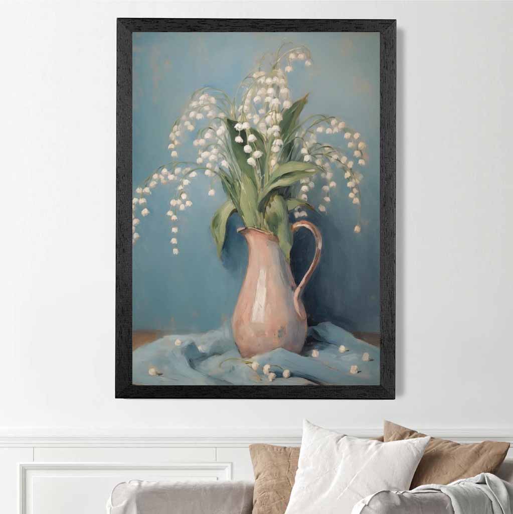 Vintage Floral Blue, Pink Lilly of the Valley  Art Print | Wall Art Plaza UK