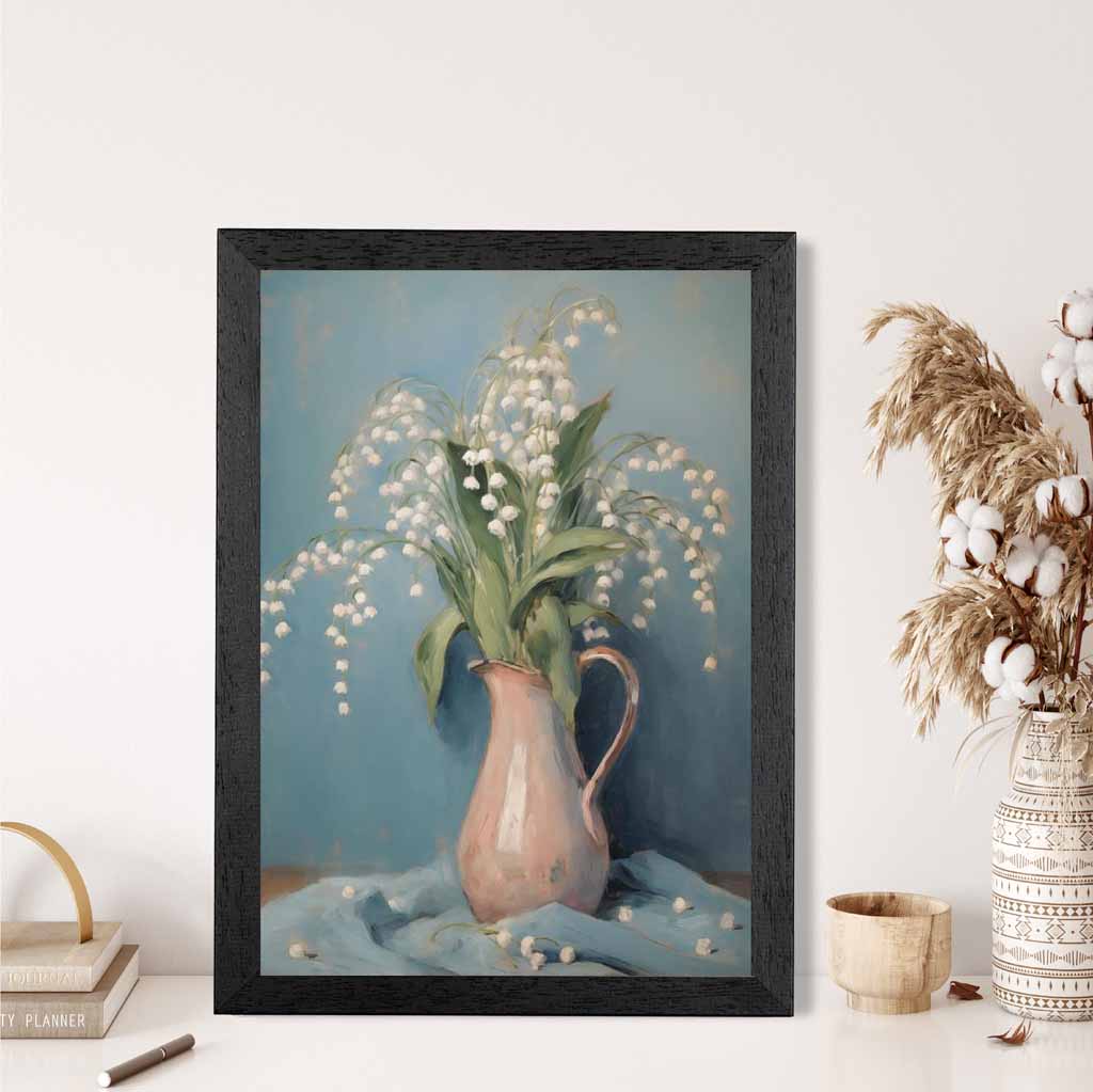 Vintage Floral Blue, Pink Lilly of the Valley  Art Print | Wall Art Plaza UK