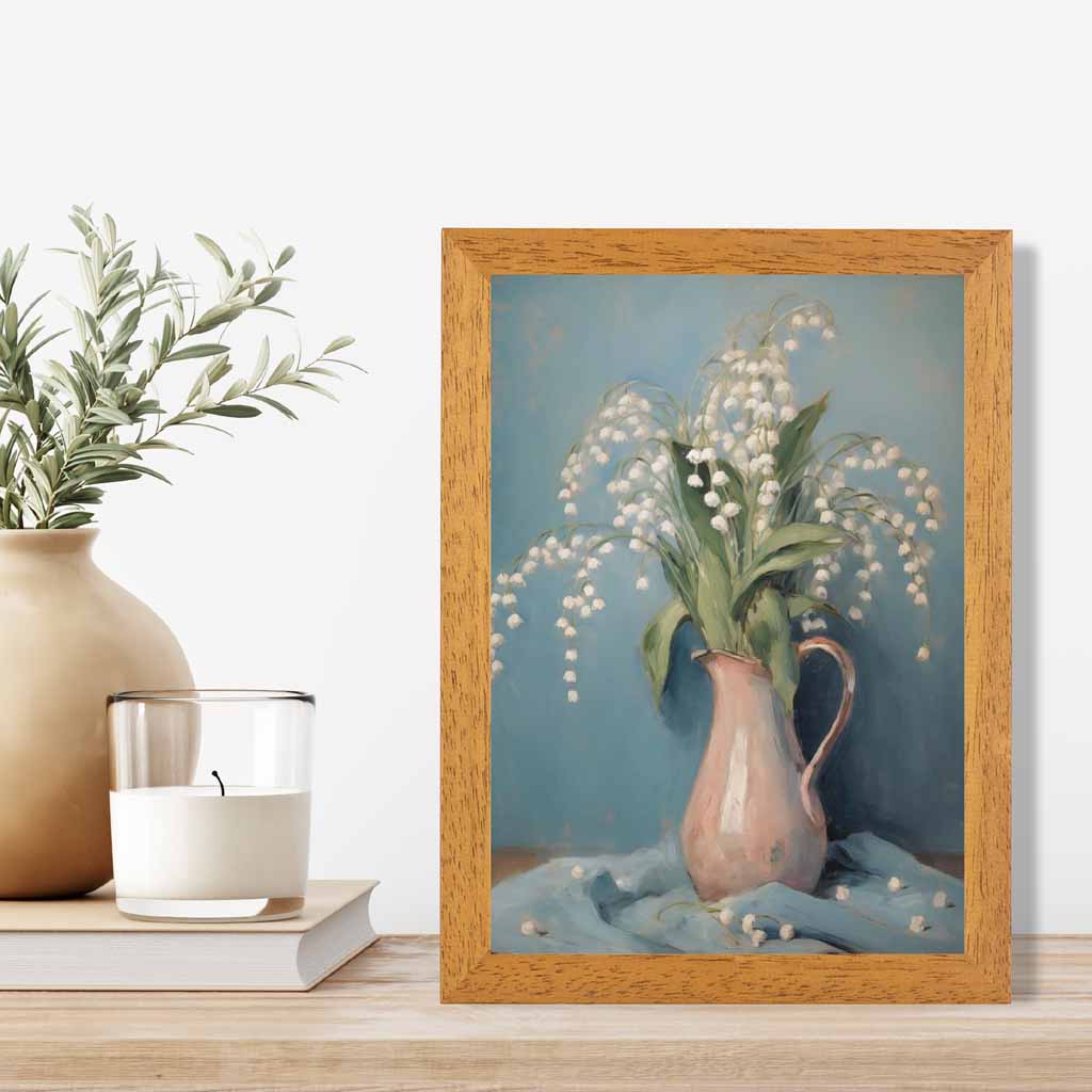 Vintage Floral Blue, Pink Lilly of the Valley  Art Print | Wall Art Plaza UK