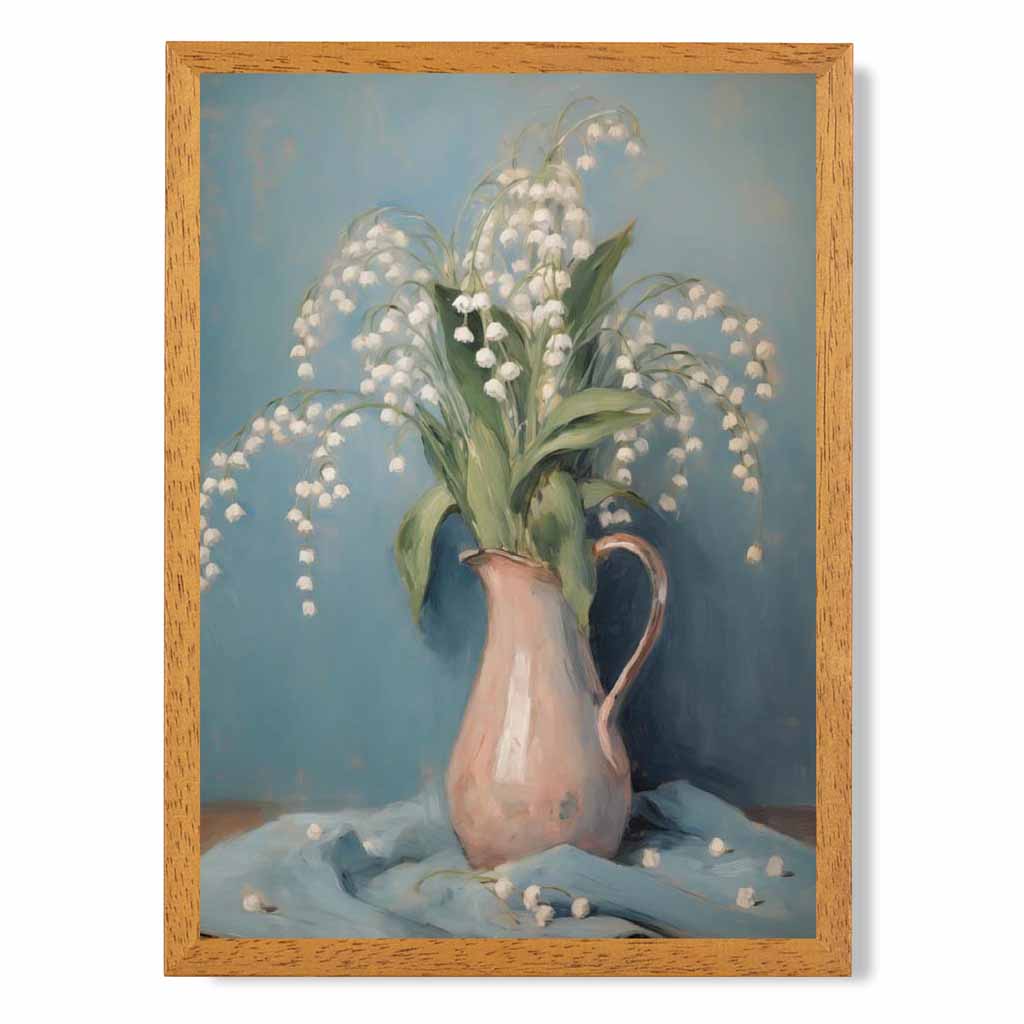 Vintage Floral Blue, Pink Lilly of the Valley  Art Print | Wall Art Plaza UK