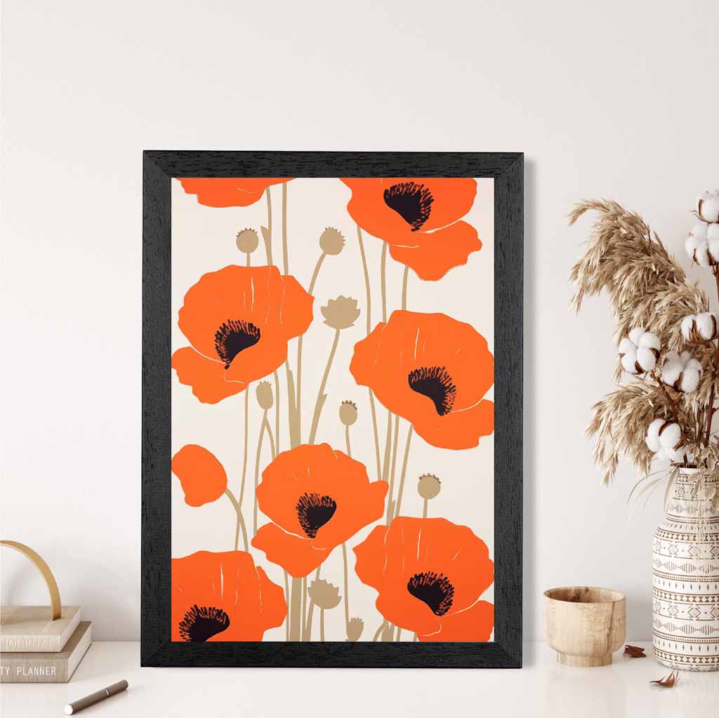 Modern Floral Red, Beige Poppies  Art Print | Wall Art Plaza UK