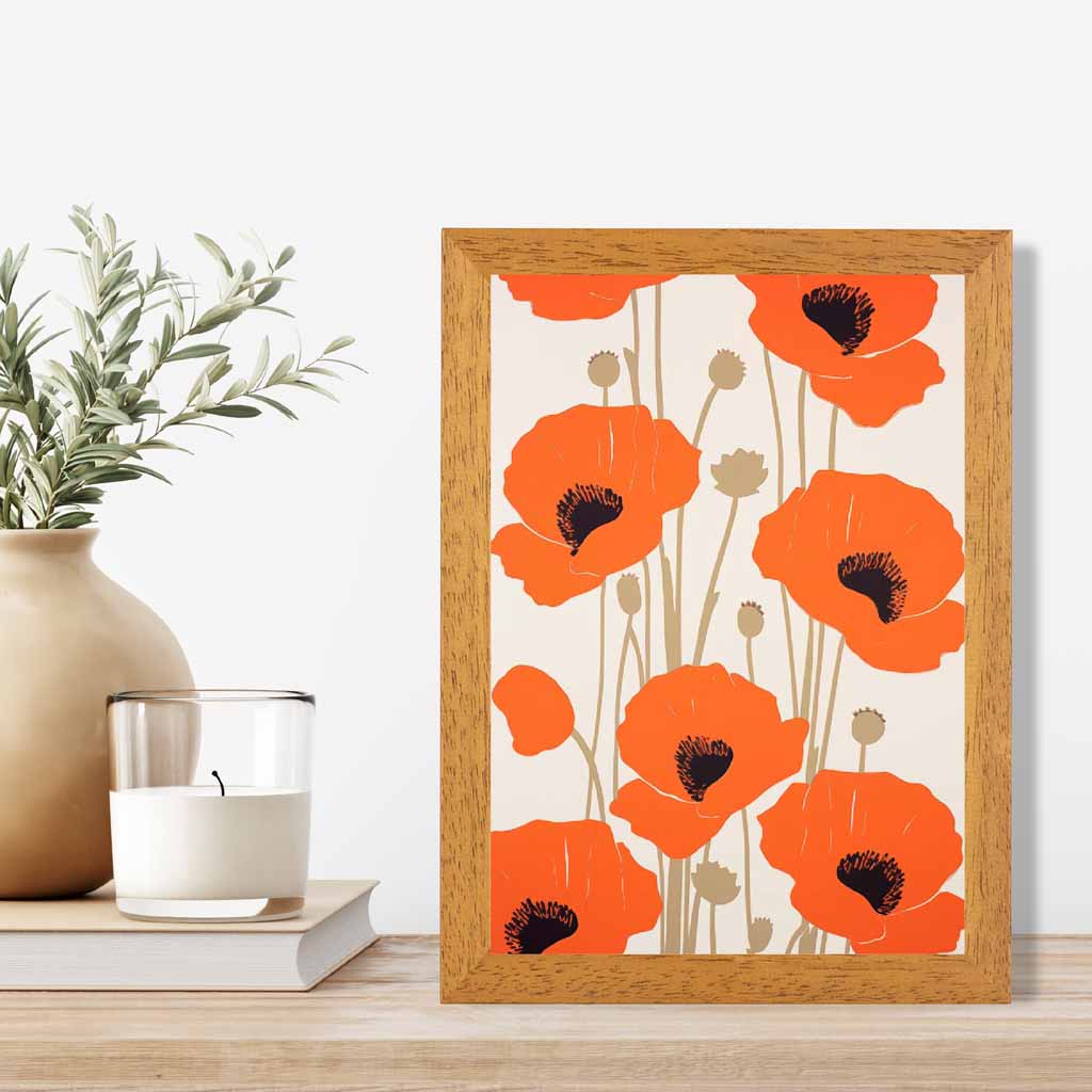 Modern Floral Red, Beige Poppies  Art Print | Wall Art Plaza UK