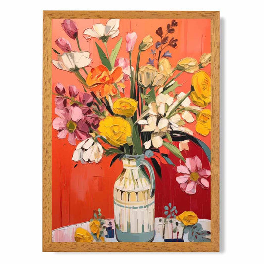 Vintage Painted Red, Colourful Flowers in Jug  Art Print | Wall Art Plaza UK