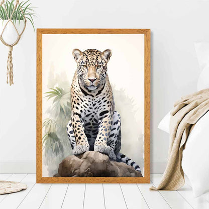 Vintage Painted Beige, Green Jungle Leopard  Art Poster | Wall Art Plaza UK