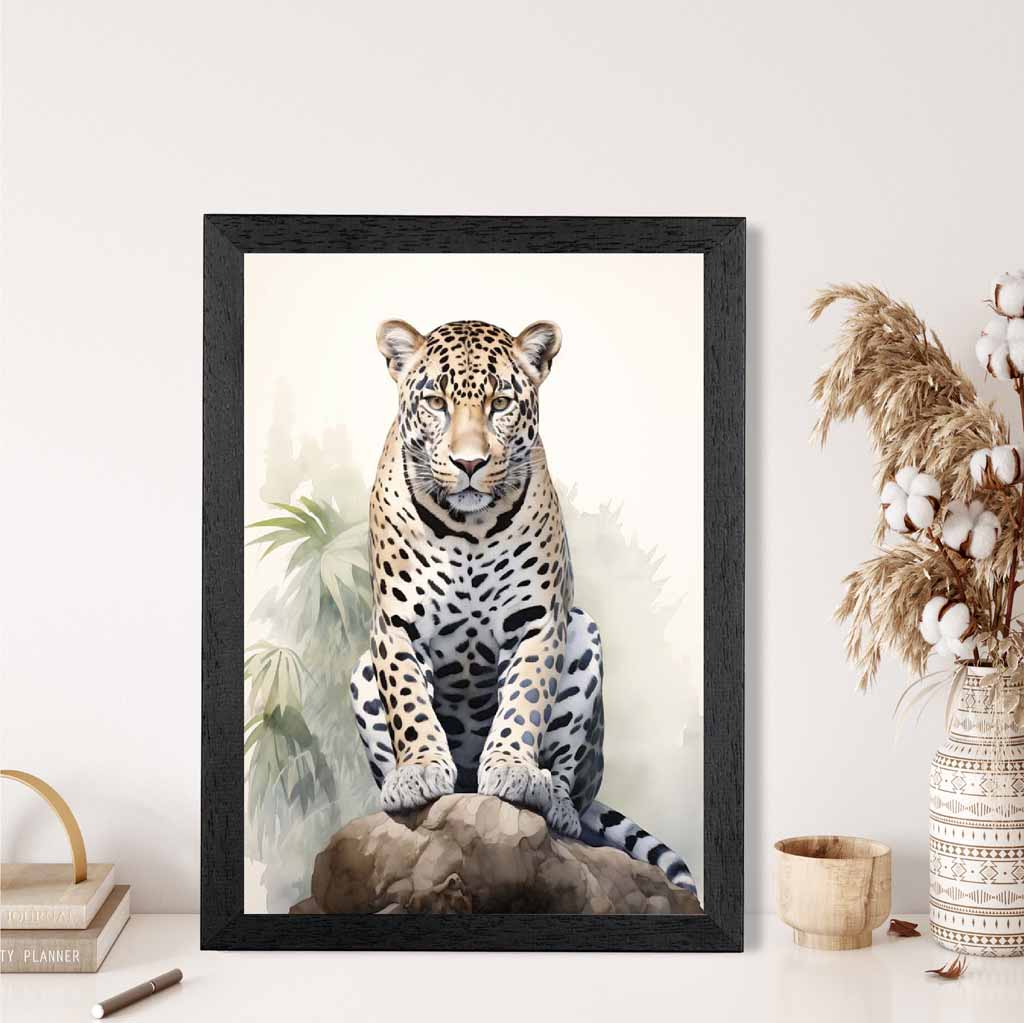 Vintage Painted Beige, Green Jungle Leopard  Art Poster | Wall Art Plaza UK