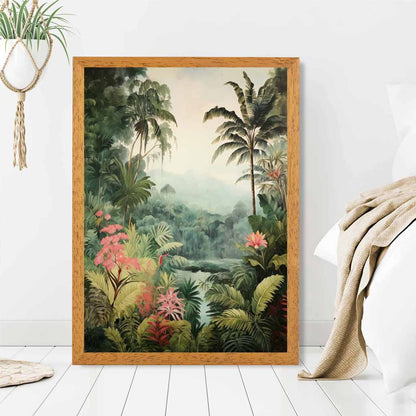 Modern Illustration Green, Pink Jungle Landscape No 1  Art Poster | Wall Art Plaza UK