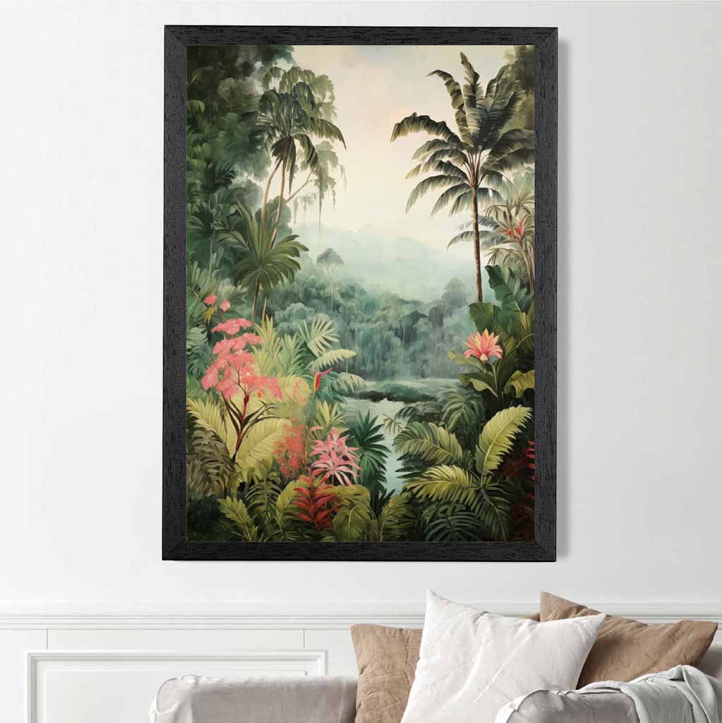 Modern Illustration Green, Pink Jungle Landscape No 1  Art Poster | Wall Art Plaza UK