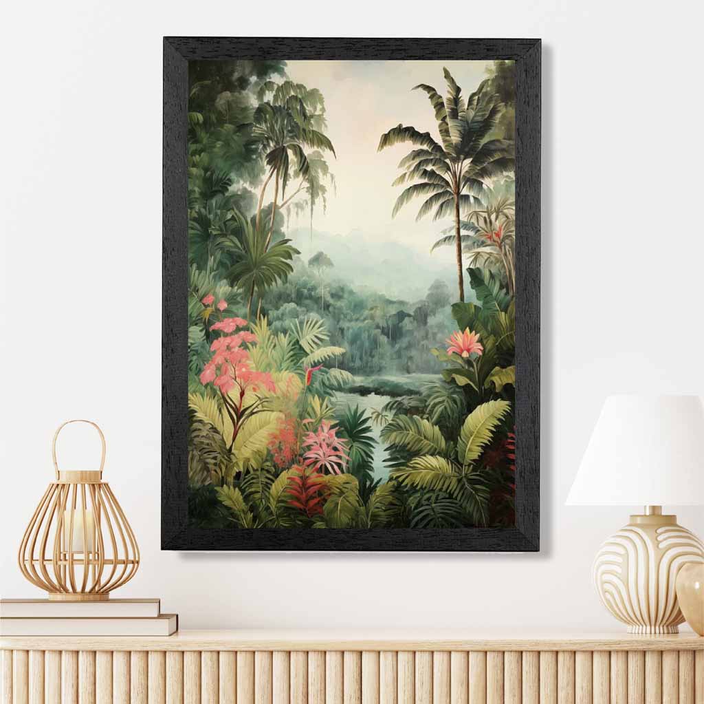 Modern Illustration Green, Pink Jungle Landscape No 1  Art Poster | Wall Art Plaza UK