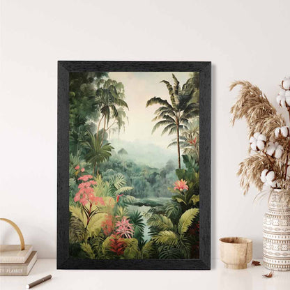 Modern Illustration Green, Pink Jungle Landscape No 1  Art Poster | Wall Art Plaza UK