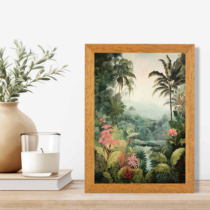Modern Illustration Green, Pink Jungle Landscape No 1  Art Poster | Wall Art Plaza UK