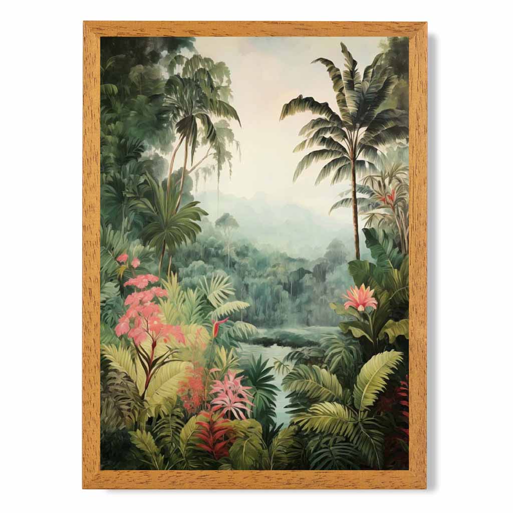 Modern Illustration Green, Pink Jungle Landscape No 1  Art Poster | Wall Art Plaza UK