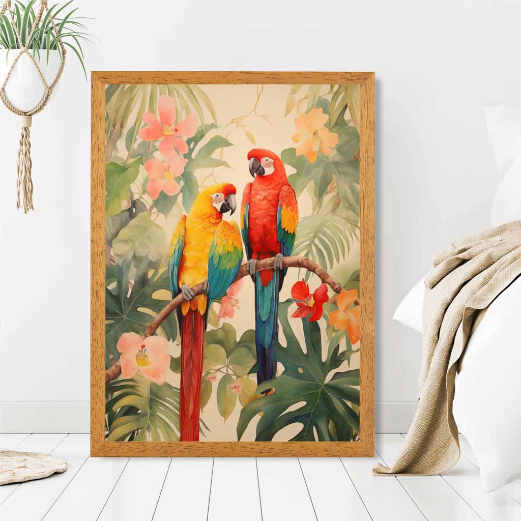 Modern Illustration Green, Colourful Jungle Parrots  Art Poster | Wall Art Plaza UK