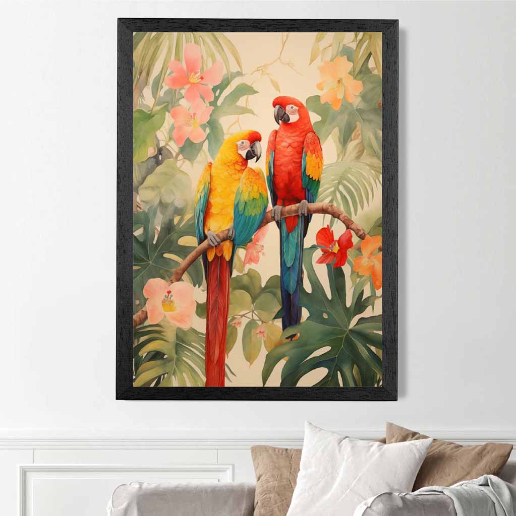 Modern Illustration Green, Colourful Jungle Parrots  Art Poster | Wall Art Plaza UK