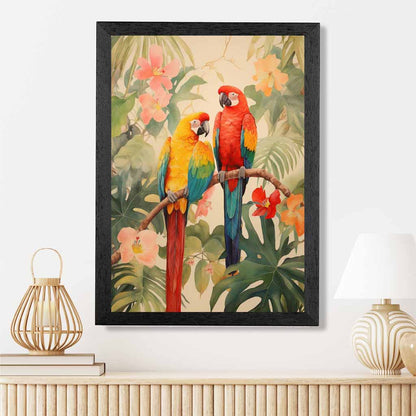 Modern Illustration Green, Colourful Jungle Parrots  Art Poster | Wall Art Plaza UK