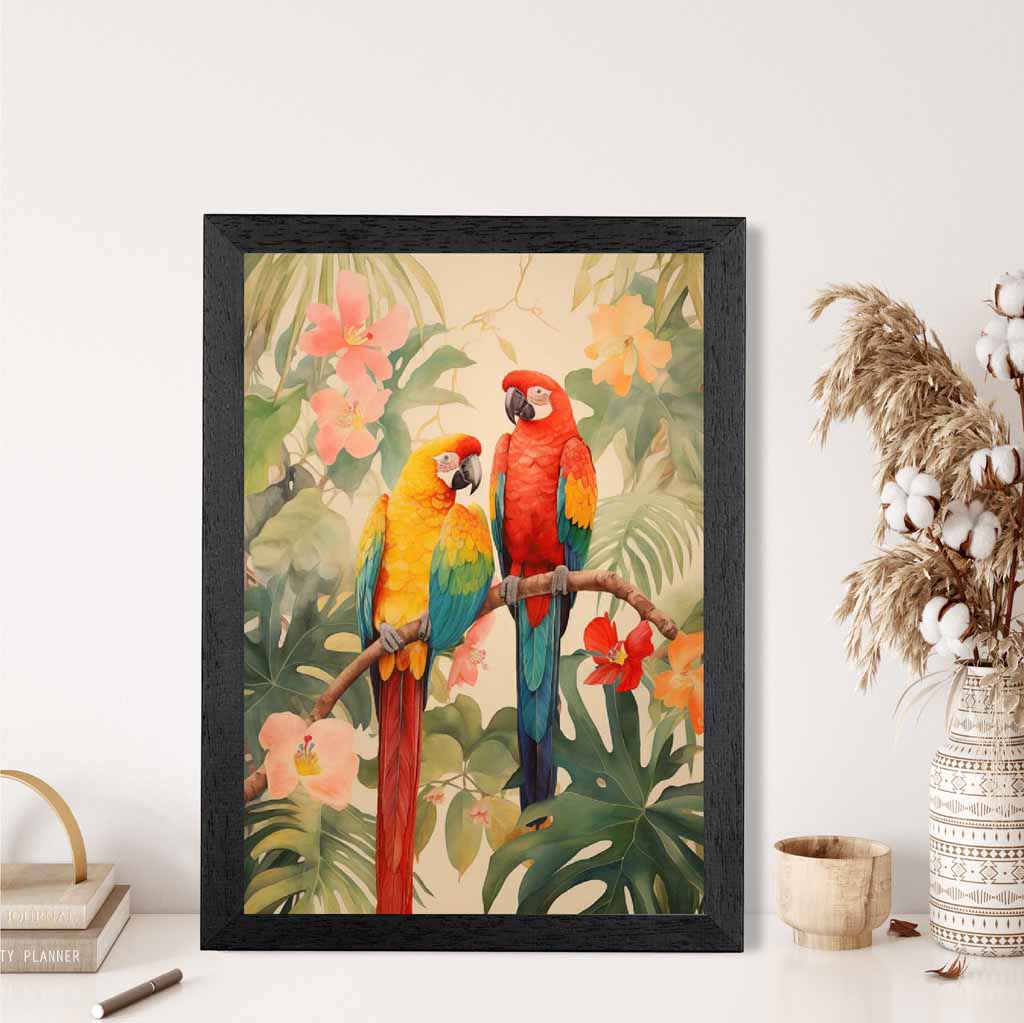 Modern Illustration Green, Colourful Jungle Parrots  Art Poster | Wall Art Plaza UK
