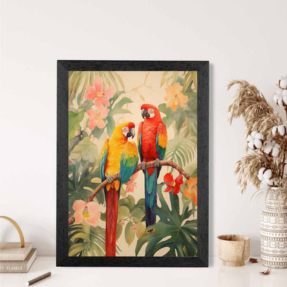 Modern Illustration Green, Colourful Jungle Parrots  Art Poster | Wall Art Plaza UK