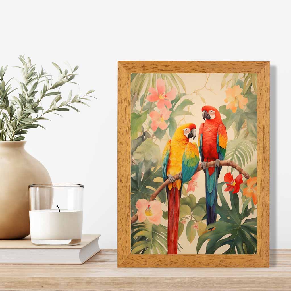 Modern Illustration Green, Colourful Jungle Parrots  Art Poster | Wall Art Plaza UK