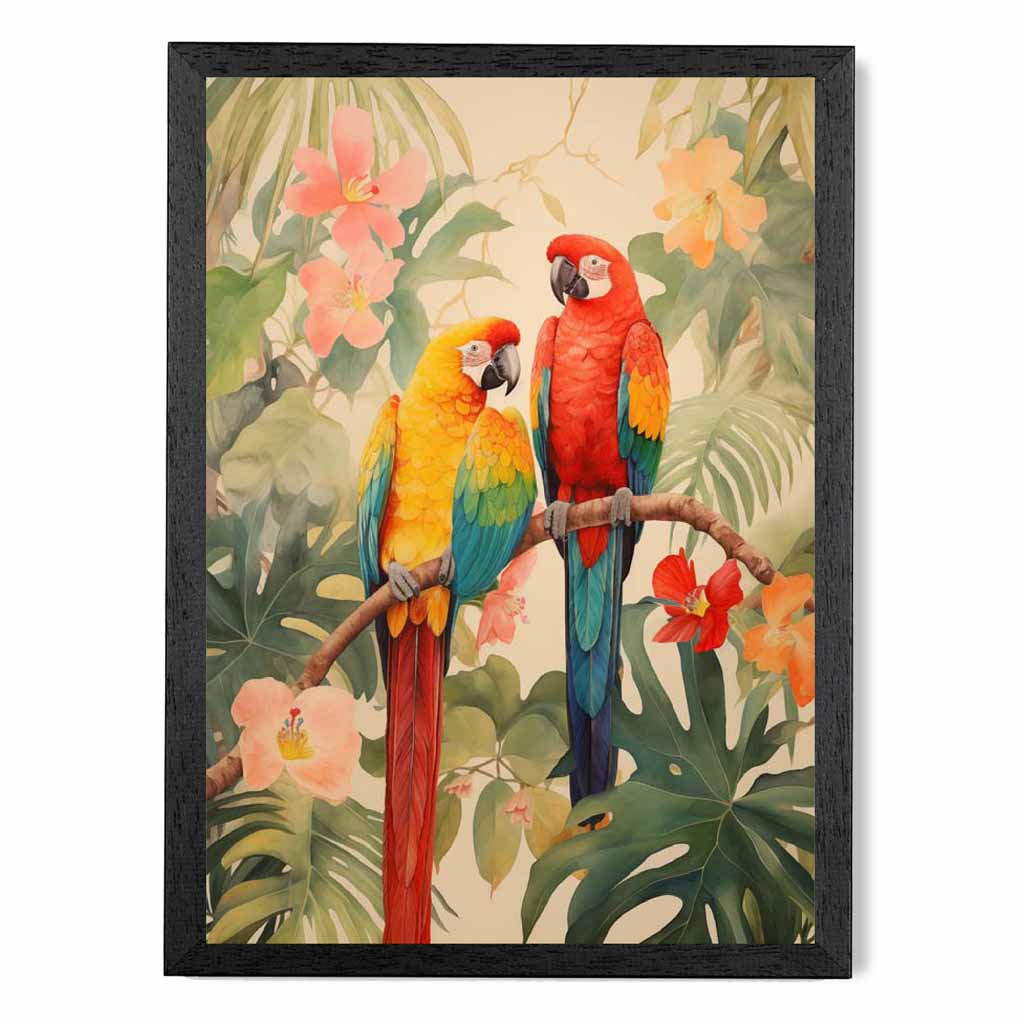 Modern Illustration Green, Colourful Jungle Parrots  Art Poster | Wall Art Plaza UK