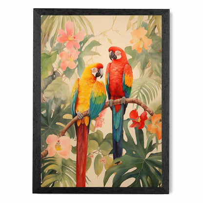 Modern Illustration Green, Colourful Jungle Parrots  Art Poster | Wall Art Plaza UK