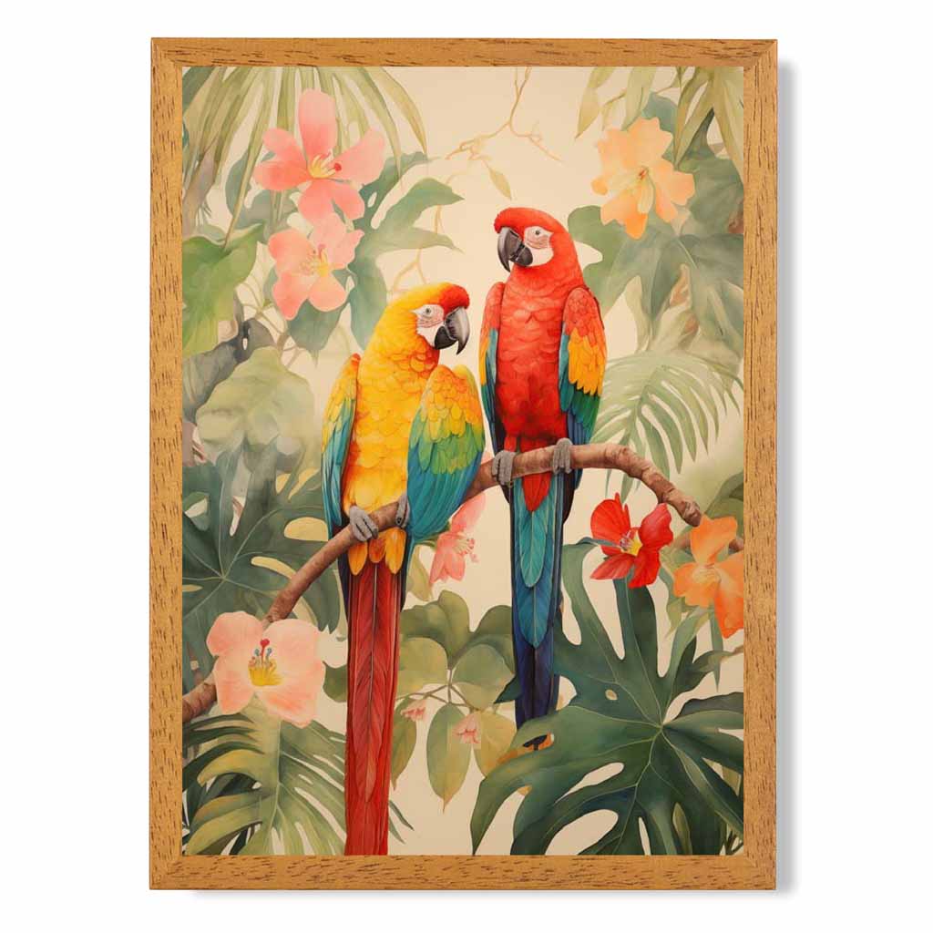 Modern Illustration Green, Colourful Jungle Parrots  Art Poster | Wall Art Plaza UK