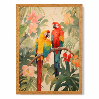 Modern Illustration Green, Colourful Jungle Parrots  Art Poster | Wall Art Plaza UK