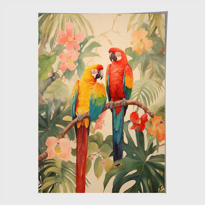 Modern Illustration Green, Colourful Jungle Parrots  Art Poster | Wall Art Plaza UK