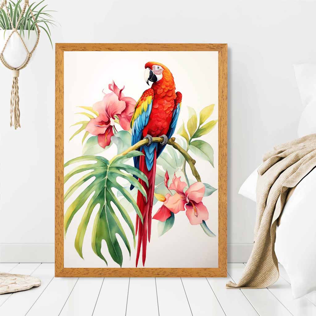 Modern Illustration Red, Blue Parrot and Orchids  Art Print | Wall Art Plaza UK