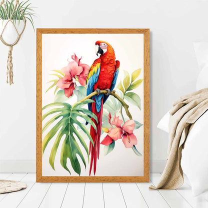 Modern Illustration Red, Blue Parrot and Orchids  Art Print | Wall Art Plaza UK