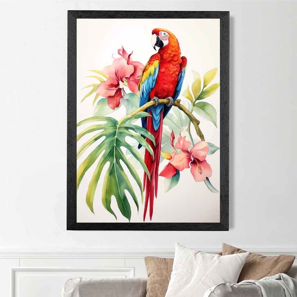 Modern Illustration Red, Blue Parrot and Orchids  Art Print | Wall Art Plaza UK