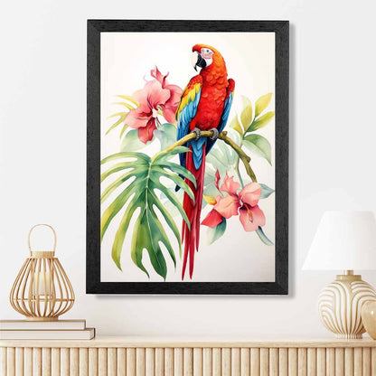 Modern Illustration Red, Blue Parrot and Orchids  Art Print | Wall Art Plaza UK