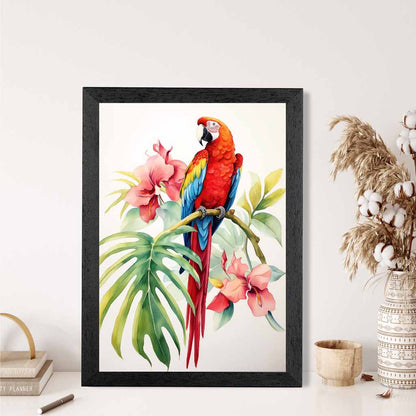 Modern Illustration Red, Blue Parrot and Orchids  Art Print | Wall Art Plaza UK
