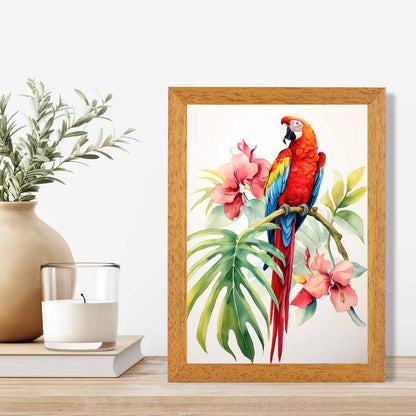 Modern Illustration Red, Blue Parrot and Orchids  Art Print | Wall Art Plaza UK