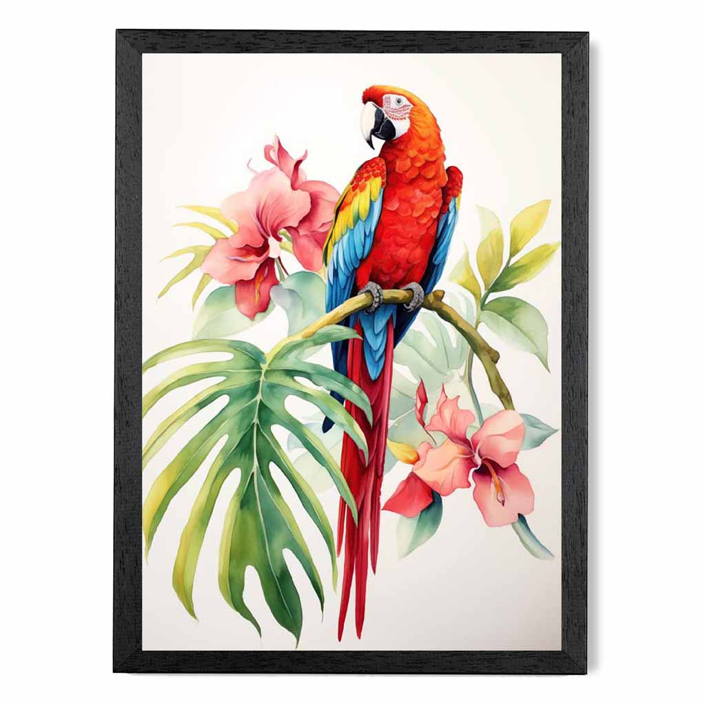 Modern Illustration Red, Blue Parrot and Orchids  Art Print | Wall Art Plaza UK