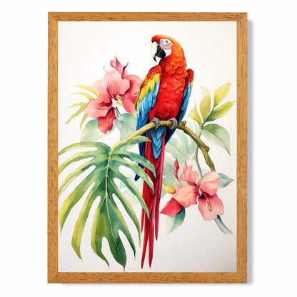 Modern Illustration Red, Blue Parrot and Orchids  Art Print | Wall Art Plaza UK
