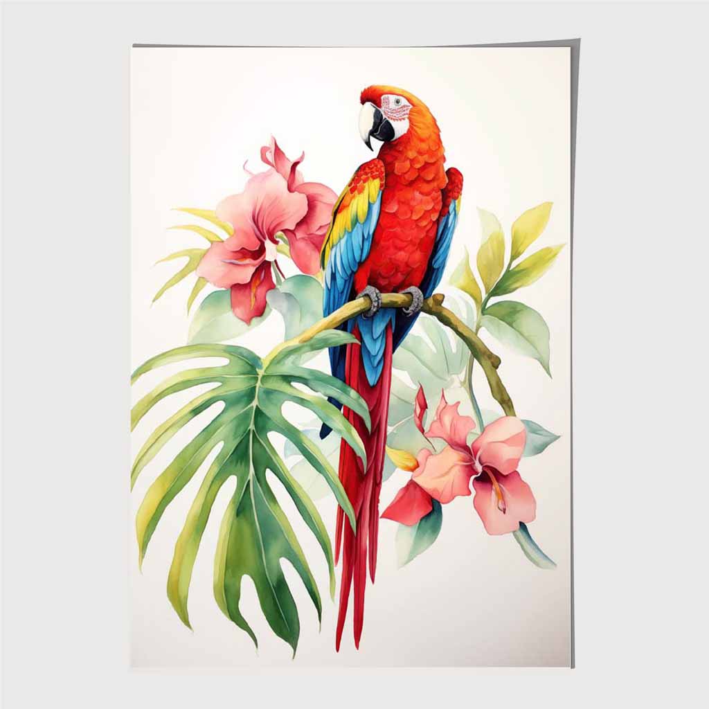Modern Illustration Red, Blue Parrot and Orchids  Art Print | Wall Art Plaza UK