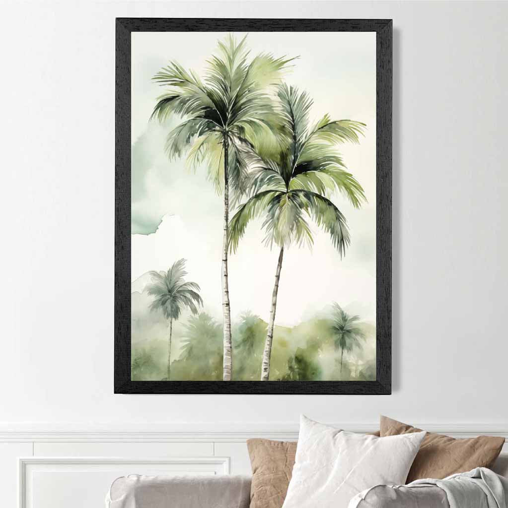 Modern Painted Blue, Green Palm Trees  Art Print | Wall Art Plaza UK