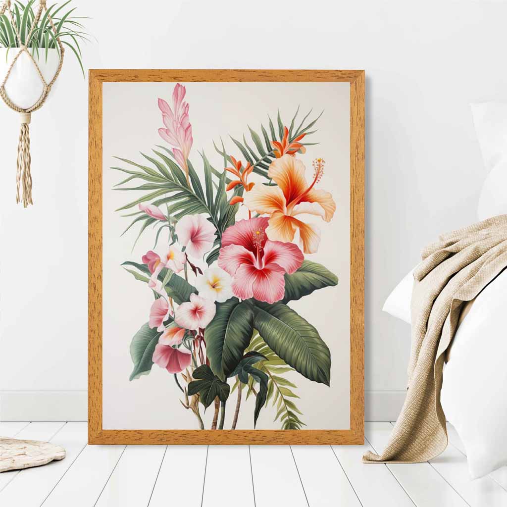 Vintage Floral Green, Pink Tropical Bouquet  Art Poster | Wall Art Plaza UK