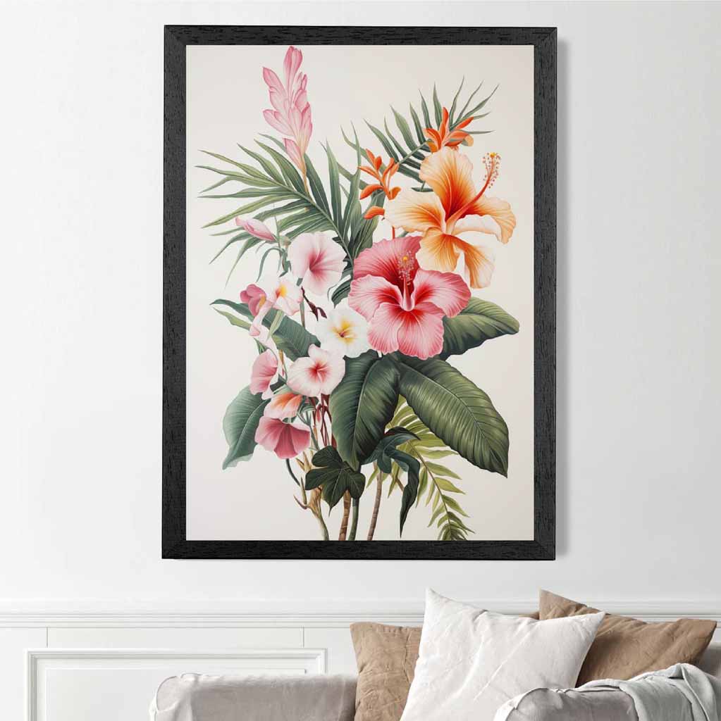 Vintage Floral Green, Pink Tropical Bouquet  Art Poster | Wall Art Plaza UK