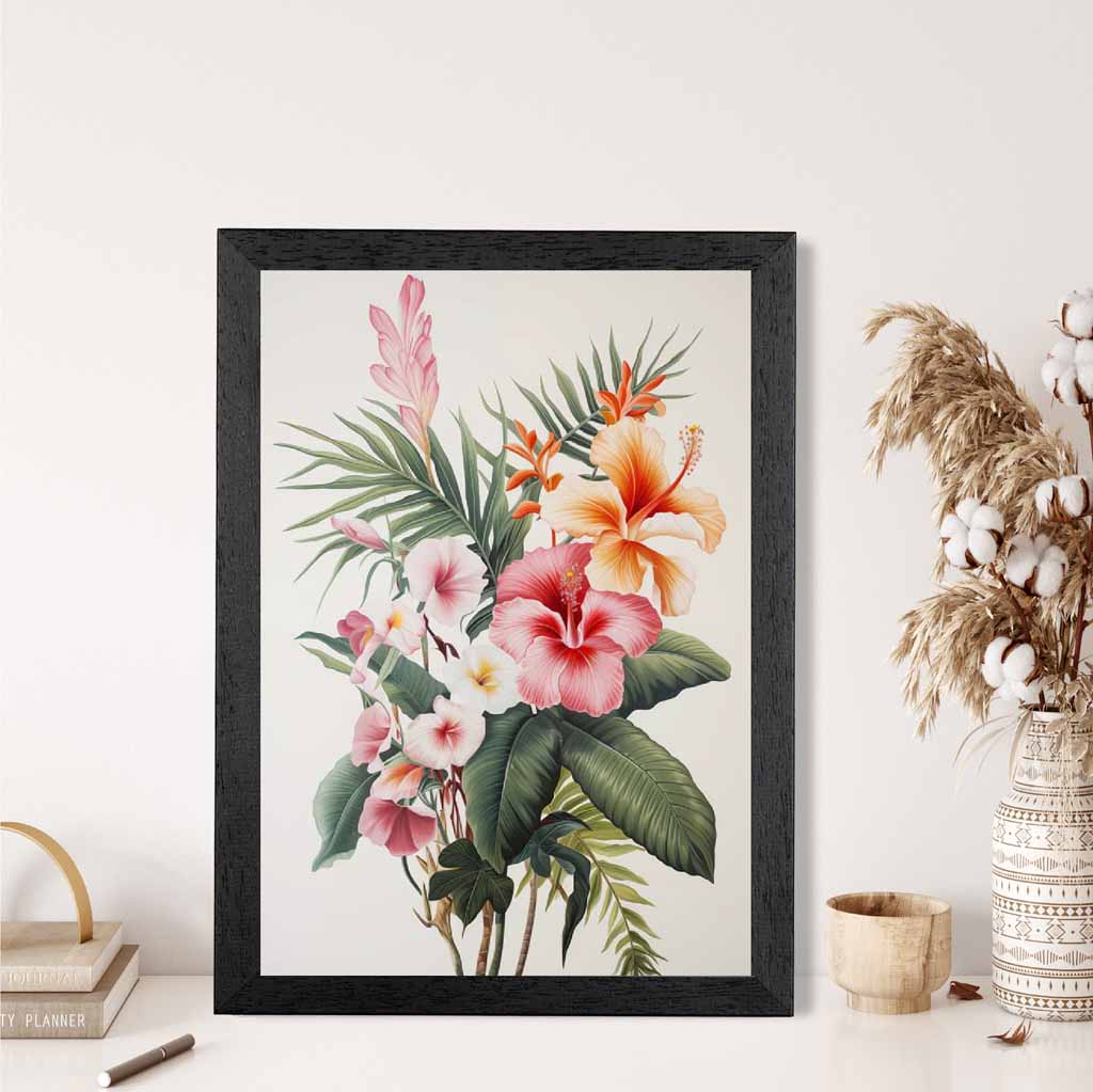 Vintage Floral Green, Pink Tropical Bouquet  Art Poster | Wall Art Plaza UK